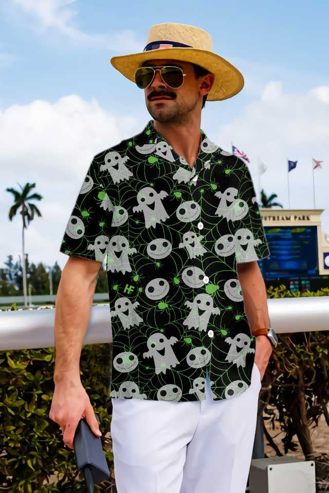 Little Ghost Halloween Spider Web Design Hawaiian Shirt,Hawaiian Shirt Gift, Christmas Gift