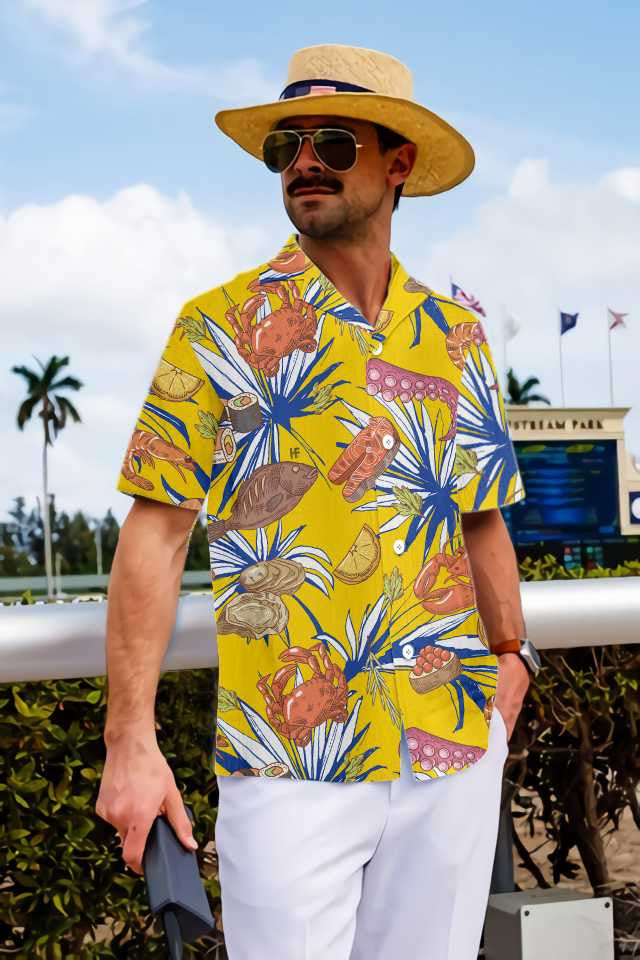 Tropical Floral Seafood On Yellow Design Hawaiian Shirt,Hawaiian Shirt Gift, Christmas Gift