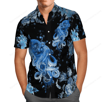 Blue Octopus Pattern Black Theme Hawaiian Shirt, Hawaiian For Gift