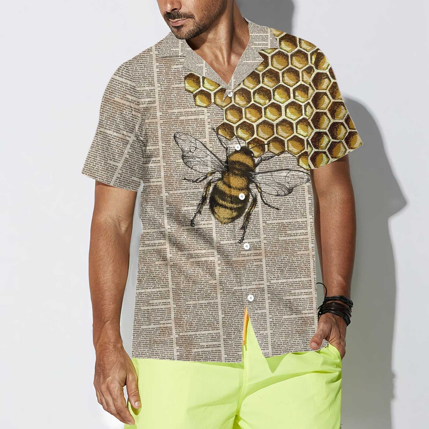 Vintage Honey Bee Design Hawaiian Shirt Magazine Background,Hawaiian Shirt Gift, Christmas Gift