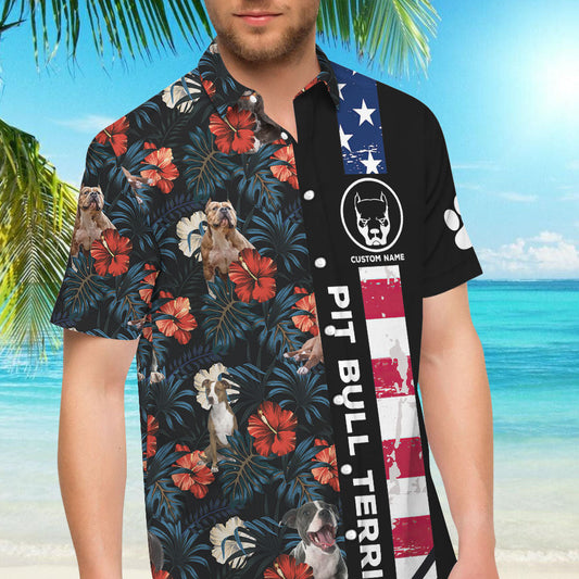 Dog Hawaiian Shirt - Custom Name Pit Bull Terrier American Flag Tropical Hawaiian Shirts - Gift For Summer_Hawaiian Shirt Gift, Christmas Gift