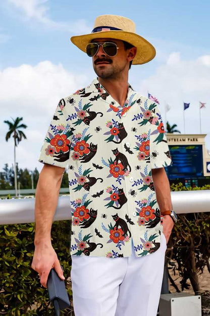 Black Bats And Cats On White Dramatic Hawaiian Shirt, Hawaiian Shirt Gift, Christmas Gift