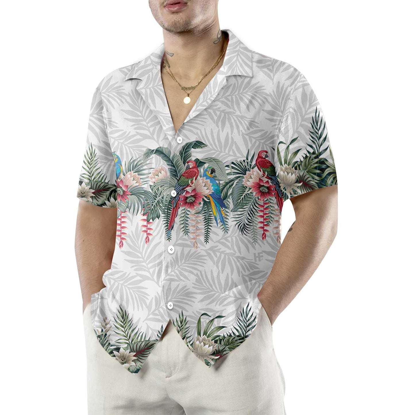 Dearann ​​Lotus Botanical Vintage Agus Parrot Macaw Léine Haváís, Bronntanas Léine Haváíais, Bronntanas Nollag