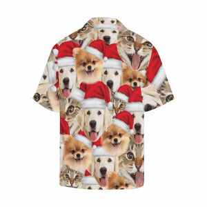 Custom Face Pet Christmas Hat Seamless Men's All Over Print Hawaiian Shirt, Hawaiian Shirt Gift, Christmas Gift.