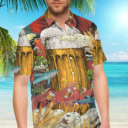 Beer Hawaiian Shirt - Beer Cup In Ocean Red Blue Hawaiian Aloha Hawaii Shirt - Hawaii Themed Gifts,Hawaiian Shirt Gift, Christmas Gift