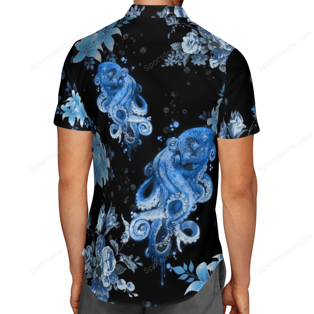 Blue Octopus Pattern Black Theme Hawaiian Shirt, Hawaiian For Gift