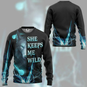 3D Wolf Blue She Keep Me Wild Custom Tshirt Hoodie Apparel