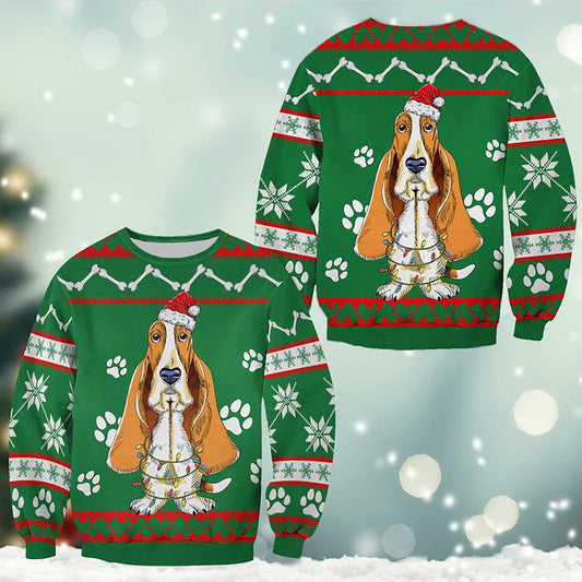 Basset Hound Green Christmas Sweatshirt, Christmas Ugly Sweater, Christmas Gift, Gift Christmas 2024