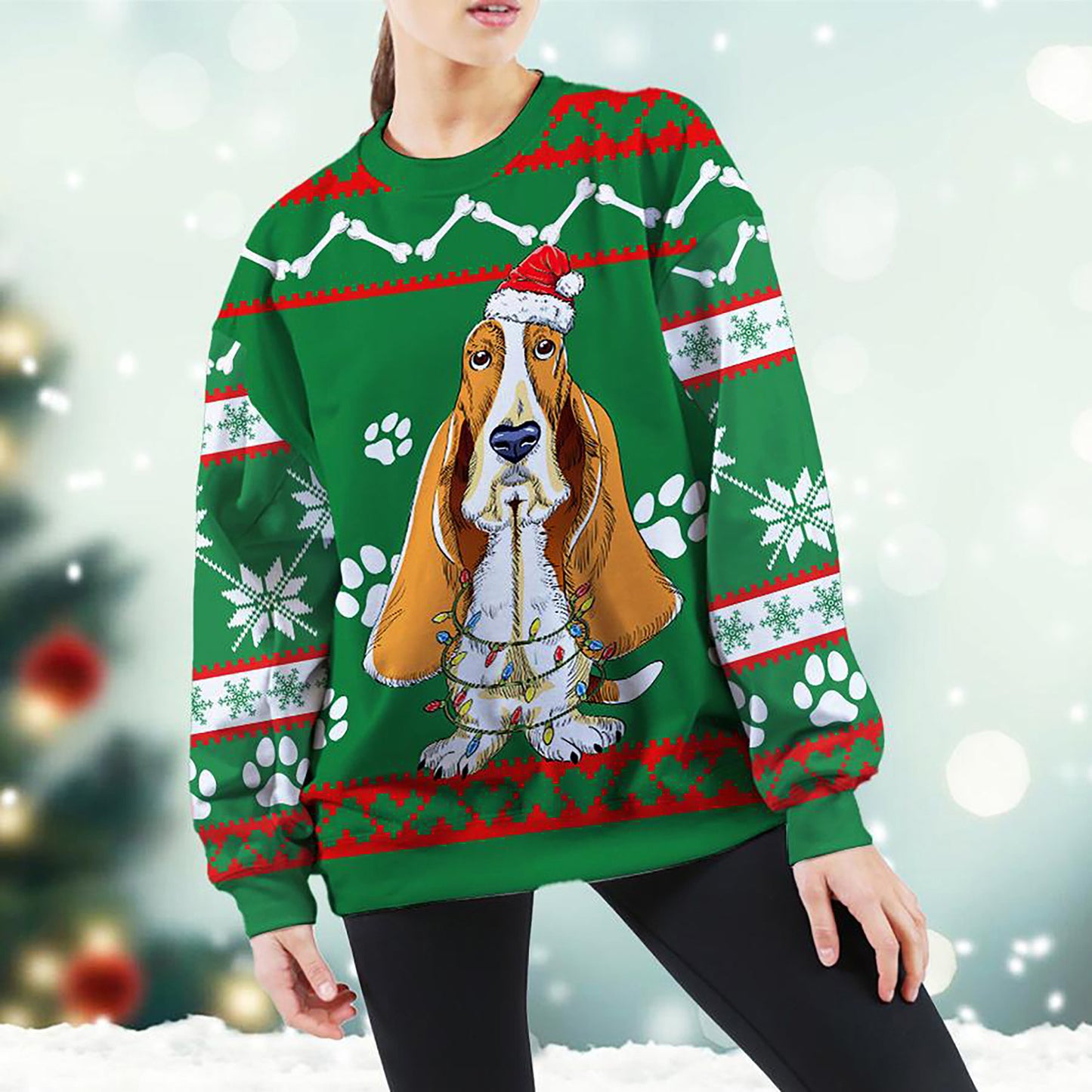 Basset Hound Green Christmas Sweatshirt, Christmas Ugly Sweater, Christmas Gift, Gift Christmas 2024