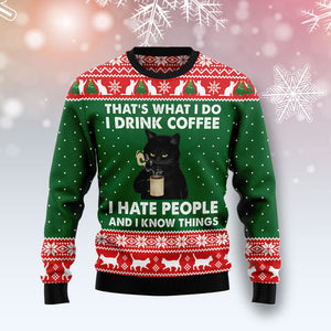 Black Cat Drink Coffee I hate people Ugly Sweater Tshirt Hoodie Apparel,Christmas Ugly Sweater,Christmas Gift,Gift Christmas 2022