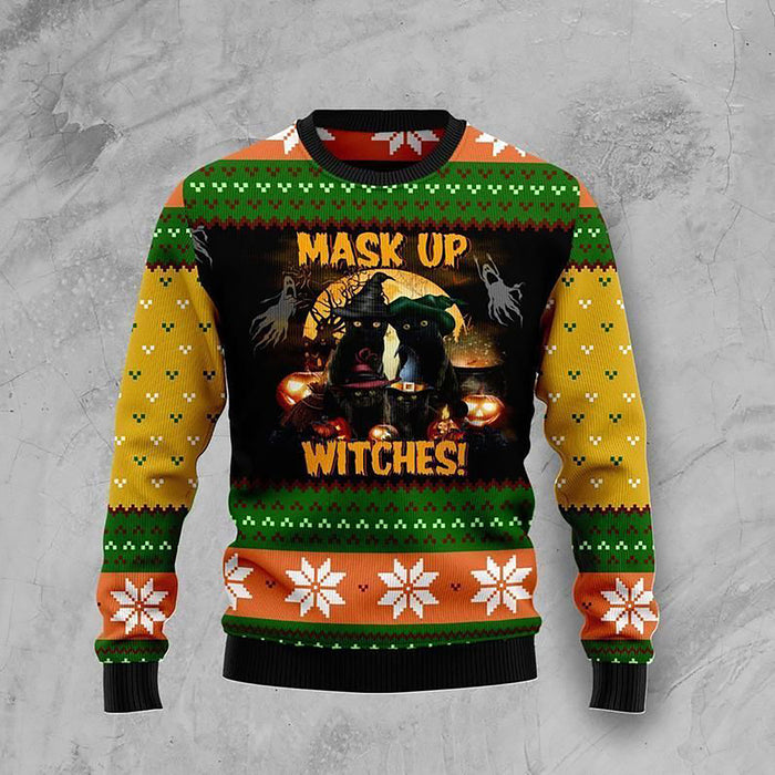 Black Cat Mask up Witches Ugly Christmas Sweater, Christmas Ugly Sweater, Christmas Gift, Gift Christmas 2024