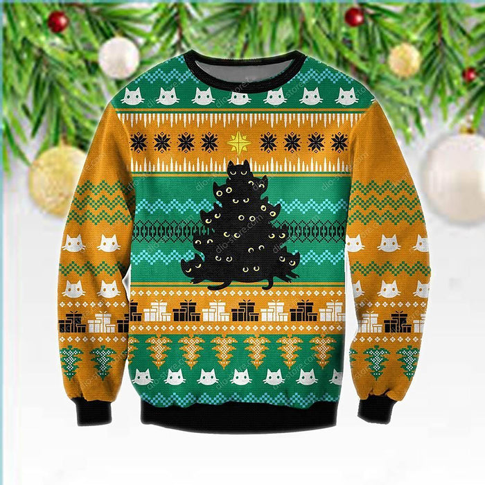 Black Cat Tree Meowy Ugly Christmas Orange Sweater, Christmas Ugly Sweater, Christmas Gift, Gift Christmas 2022