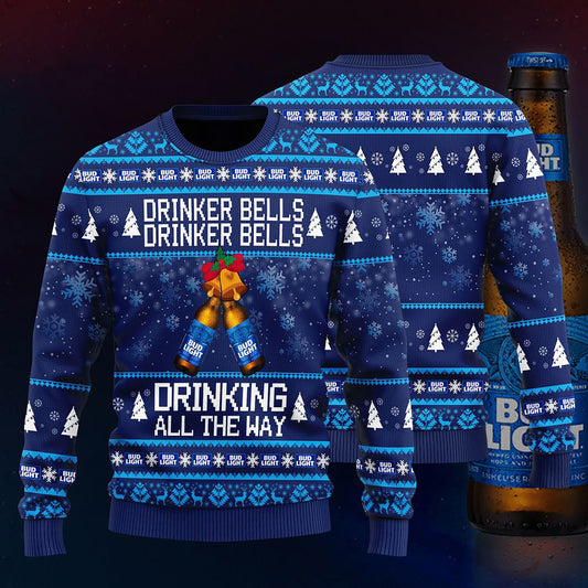 Bud Light Drinker Bells Drinker Bells Ag Ól Gach Bealach Geansaí, Geansaí Gránna Nollag, Bronntanas Nollag, Bronntanas Nollag 2024