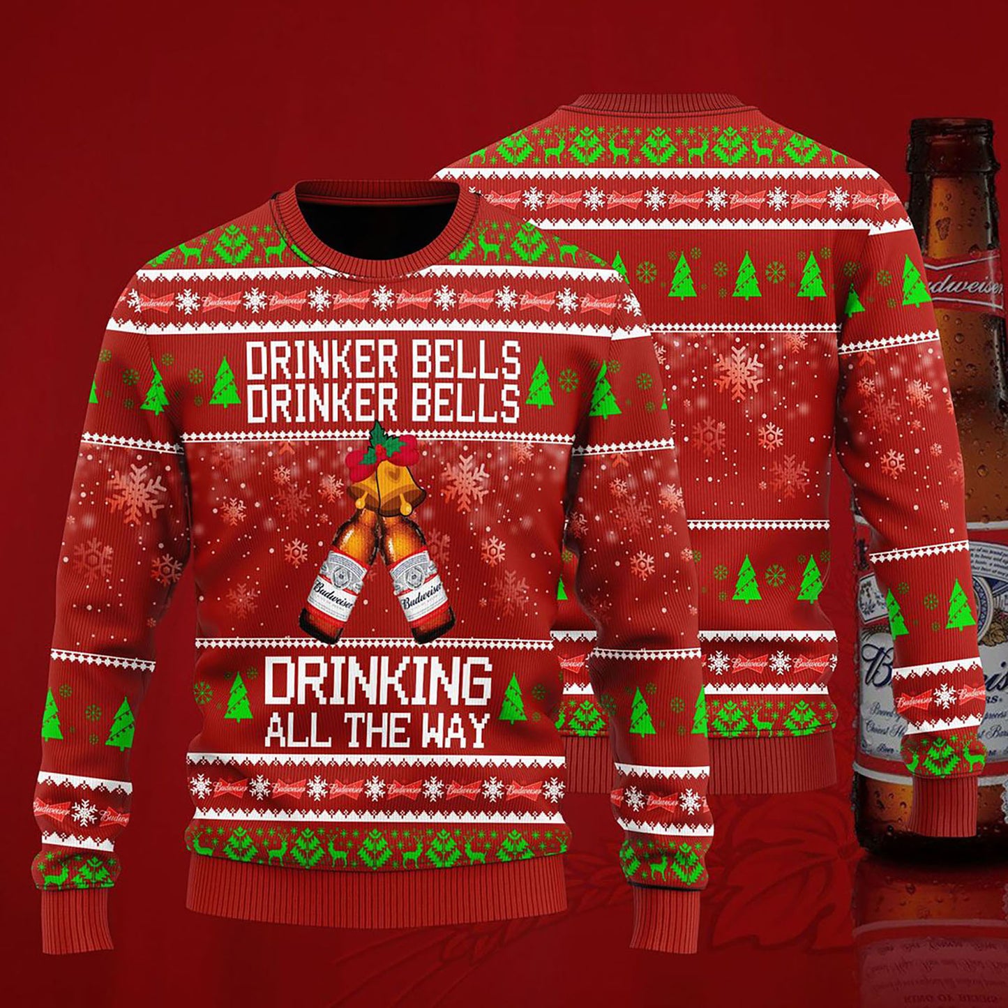 Budweiser Drinker Bells Drinker Bells Drinking All The Way Sweater, Christmas Ugly Sweater, Christmas Gift, Gift Christmas 2024