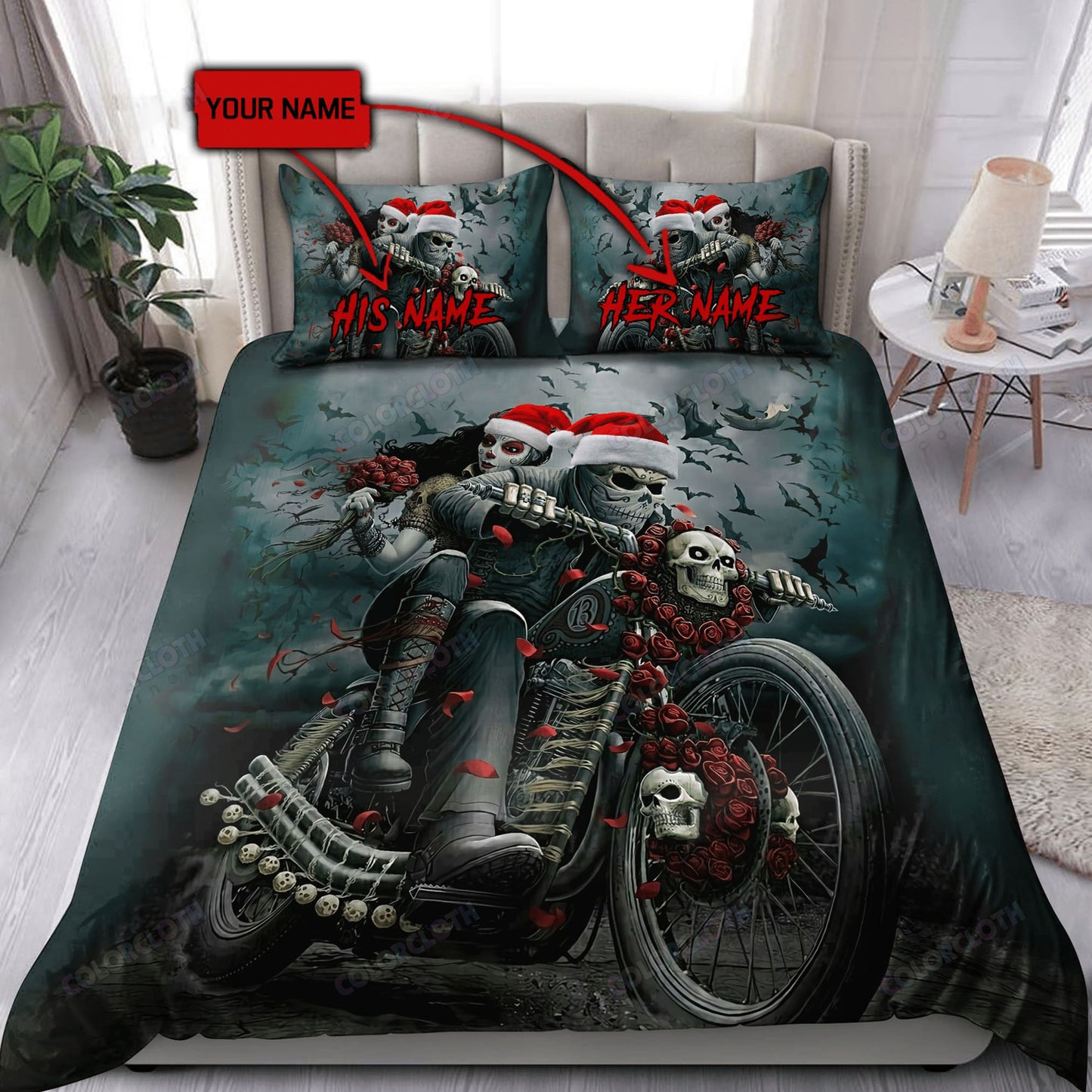 Customize Xmas CoupleSkull BikerBeddingset Bedroom Set Bedlinen 3D,Bedding Christmas Gift,Bedding Set Christmas