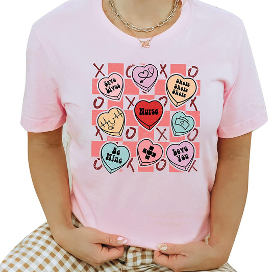 Candy heart Valentine nurse T-Shirt, Cute Valentine Holiday Sweatshirt, NICU Medicine Tech Long Sleeve, Stethoscope Hoodie Gift for friends
