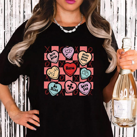 Candy heart Valentine nurse T-Shirt, Cute Valentine Holiday Sweatshirt, NICU Medicine Tech Long Sleeve, Stethoscope Hoodie Gift for friends