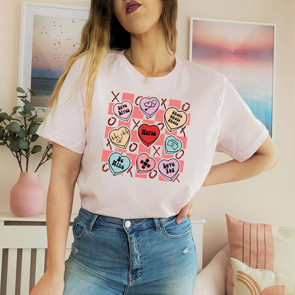 Candy heart Valentine nurse T-Shirt, Cute Valentine Holiday Sweatshirt, NICU Medicine Tech Long Sleeve, Stethoscope Hoodie Gift for friends