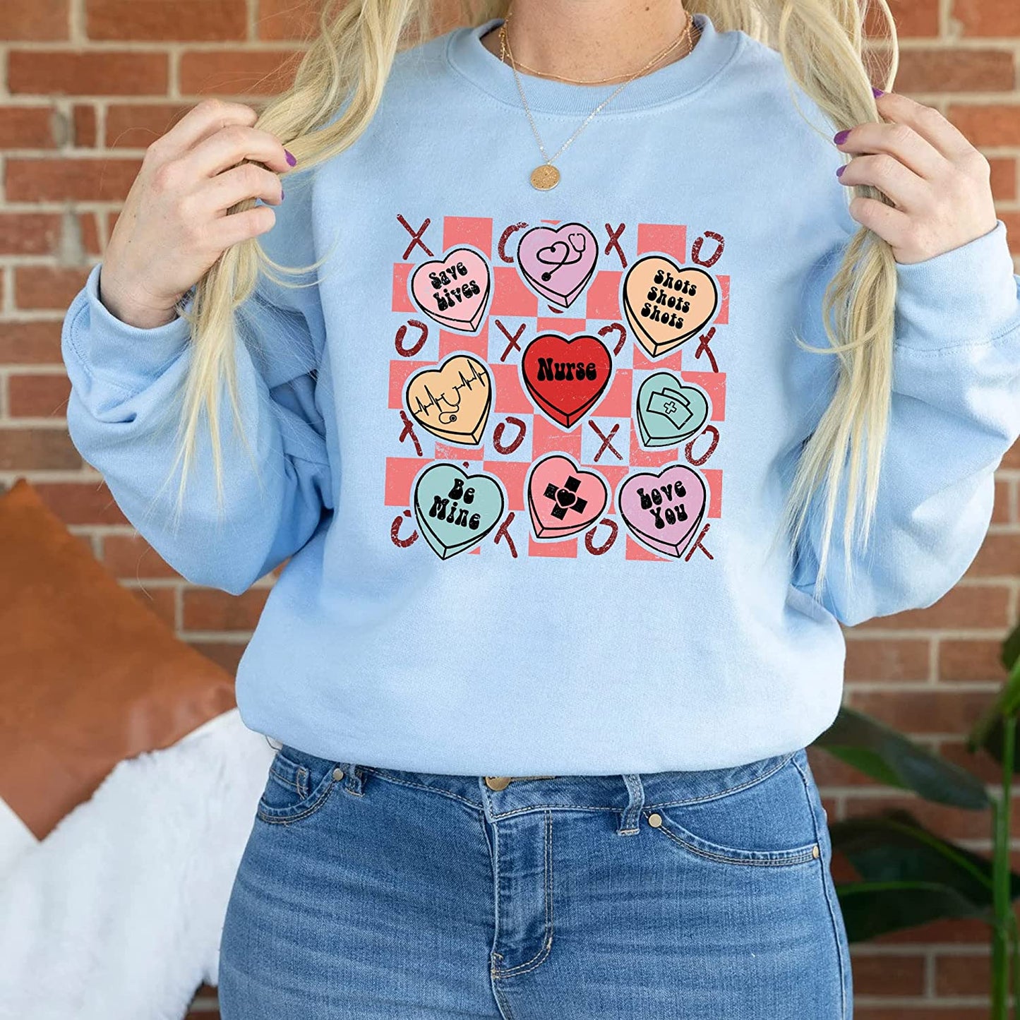 Candy heart Valentine nurse T-Shirt, Cute Valentine Holiday Sweatshirt, NICU Medicine Tech Long Sleeve, Stethoscope Hoodie Gift for friends