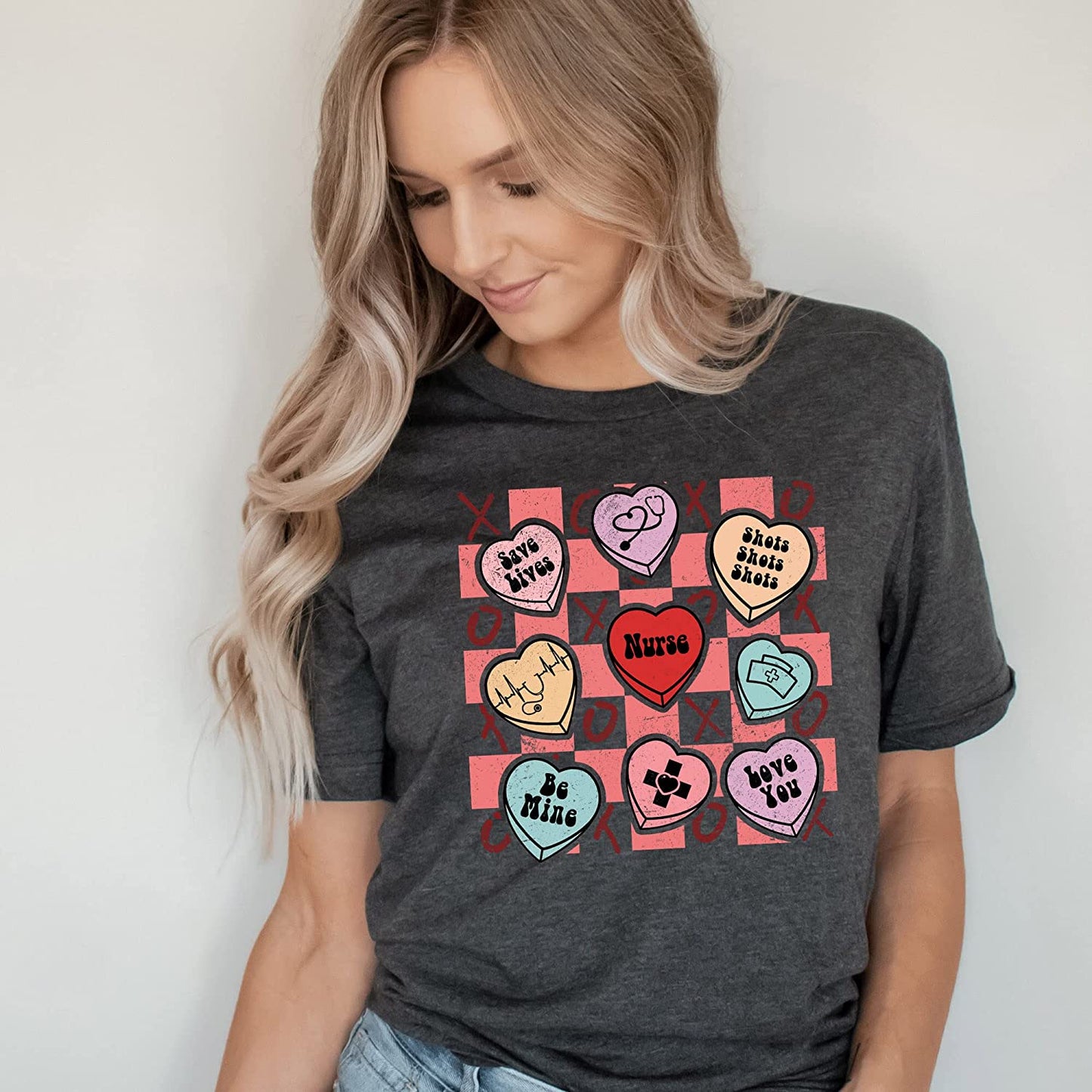 Candy heart Valentine nurse T-Shirt, Cute Valentine Holiday Sweatshirt, NICU Medicine Tech Long Sleeve, Stethoscope Hoodie Gift for friends