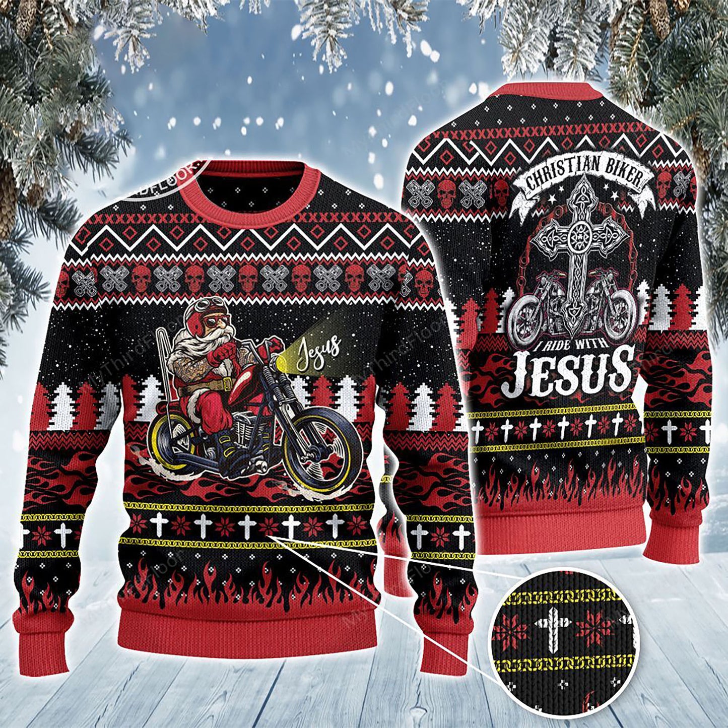 Christian Biker Bím ag Rothaíocht Le hÍosa ar Thall Geansaí Priontála, Geansaí Gránna Nollag, Bronntanas Nollag, Bronntanas Nollag 2024