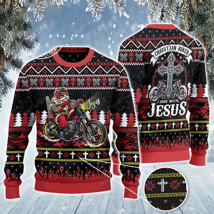 Christian Biker Bím ag Rothaíocht Le hÍosa ar Thall Geansaí Priontála, Geansaí Gránna Nollag, Bronntanas Nollag, Bronntanas Nollag 2024