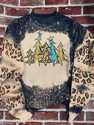 Christmas Gold Tree Leopard Bleached Sweater, Christmas Ugly Sweater, Christmas Gift, Gift Christmas 2022