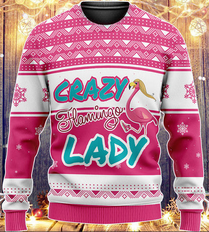 Crazy Flamingo Lady Ugly Knitted Sweater, Christmas Ugly Sweater, Christmas Gift, Gift Christmas 2024