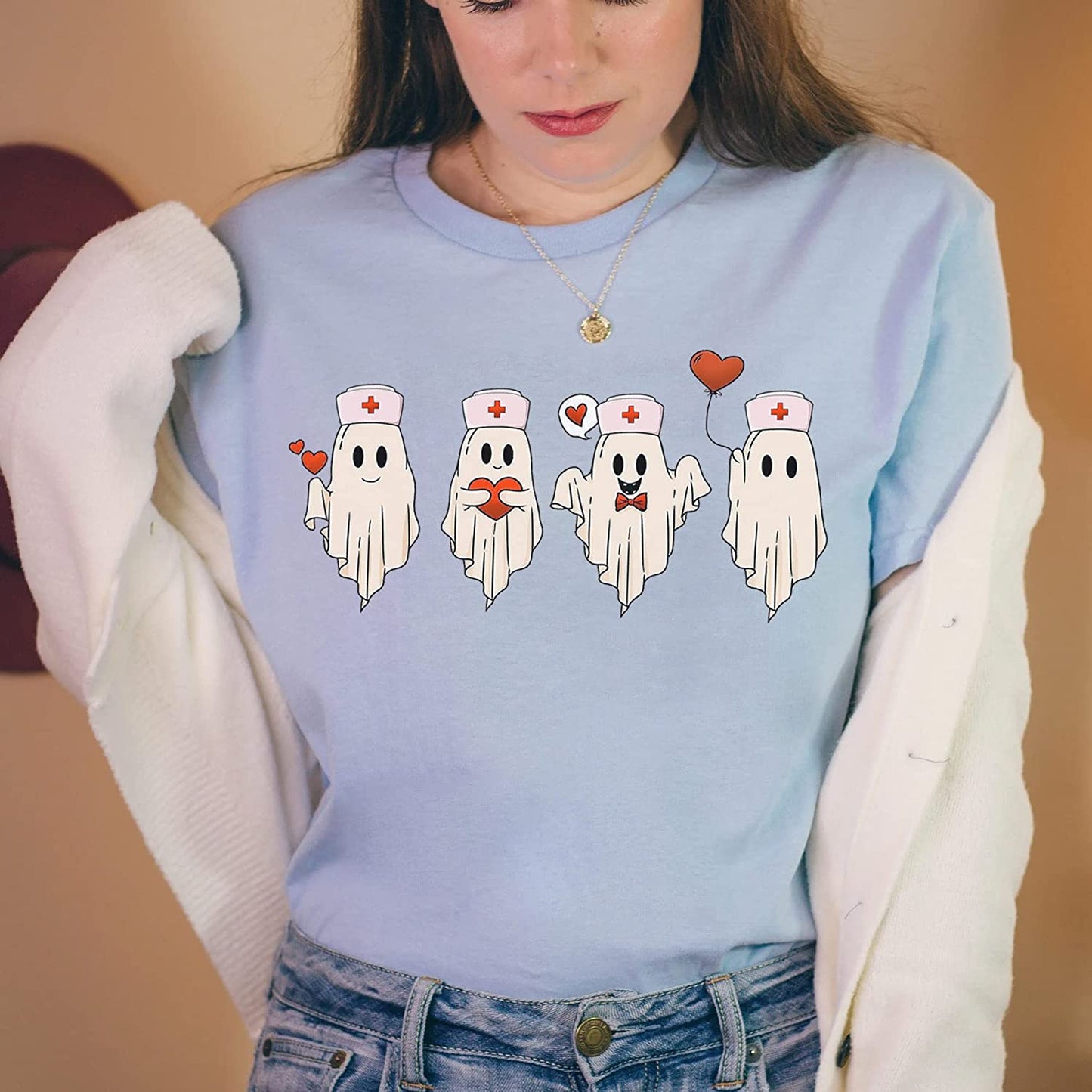 Cute Nurse ghost valentine T-Shirt Gift for Nurses, Lovely Ghost Couple Sweatshirt, Xoxo Long Sleeve, Hoodie for her