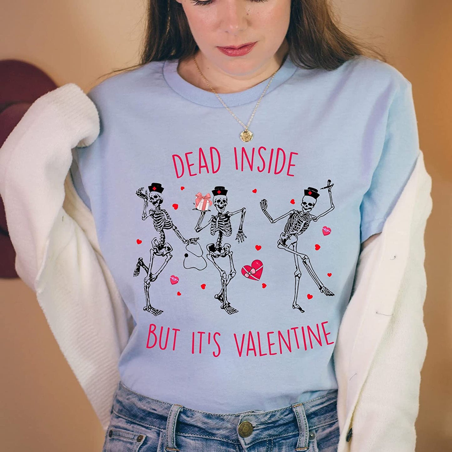 Dancing Skeleton Nurse Valentines Day T-Shirt, Dead Inside But It's Valentine Sweatshirt, Nurse Skeleton Long Sleeve, Hoodie Gift for Nursing