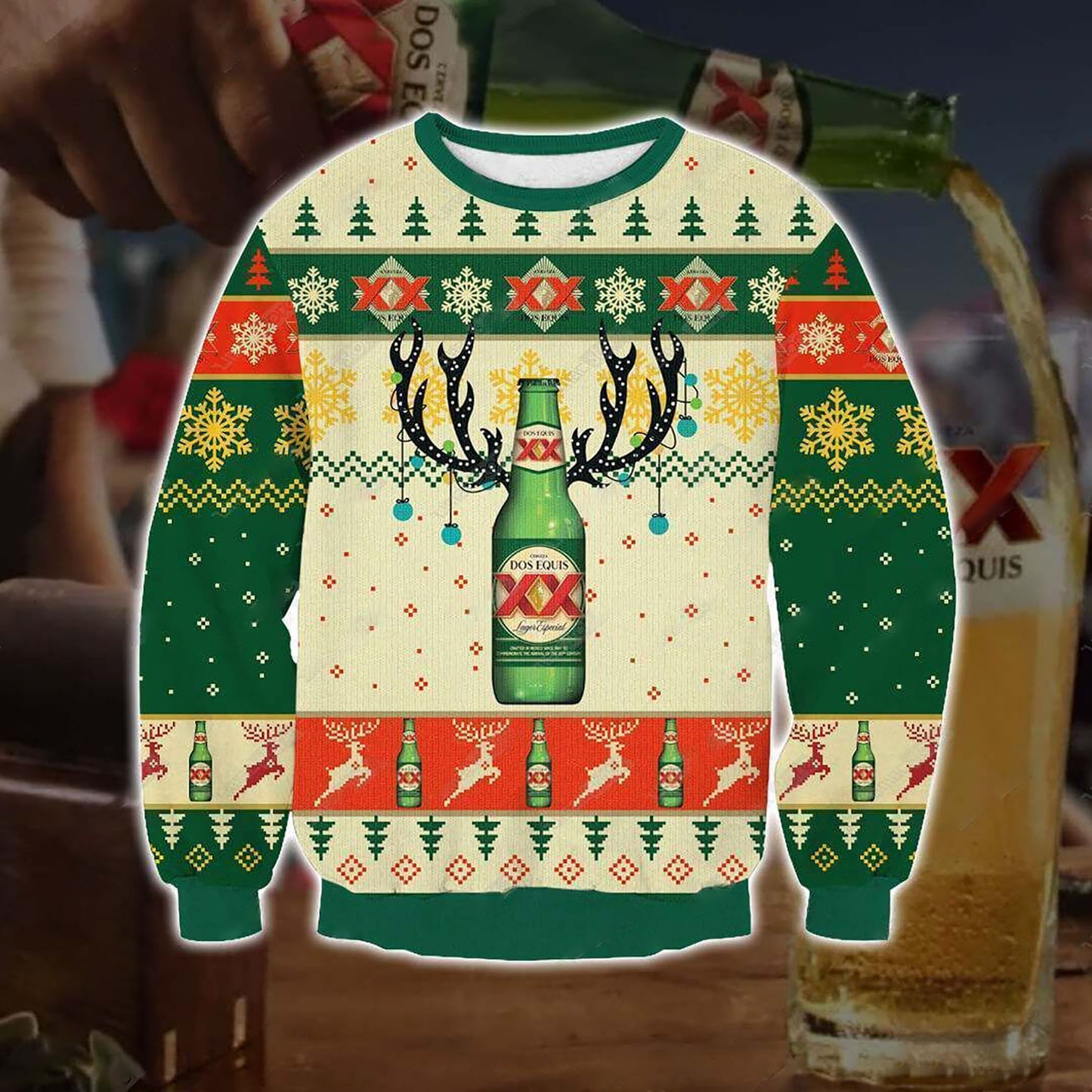 Dos Equis Reinbeer 3D Print Christmas Sweater, Christmas Ugly Sweater, Christmas Gift, Gift Christmas 2024