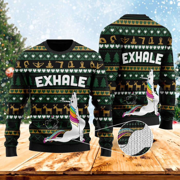 Exhale Yoga Unicorn Ugly Christmas Sweater, Christmas Ugly Sweater, Christmas Gift, Gift Christmas 2022