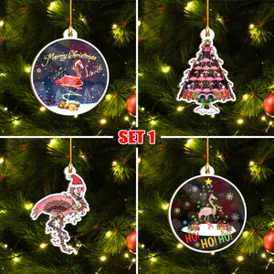 Funny Christmas Flamingo Ornaments Set, Flamingo Ho Ho Ornament Set, Funny Christmas Ornament Family Gift Idea
