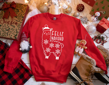 Sweatshirt Feliz Navidad, Geansaí Nollag na Spáinne, Sweatshirt Nollag, Sweatshirt Saoire, Sweatshirt Láma na Nollag