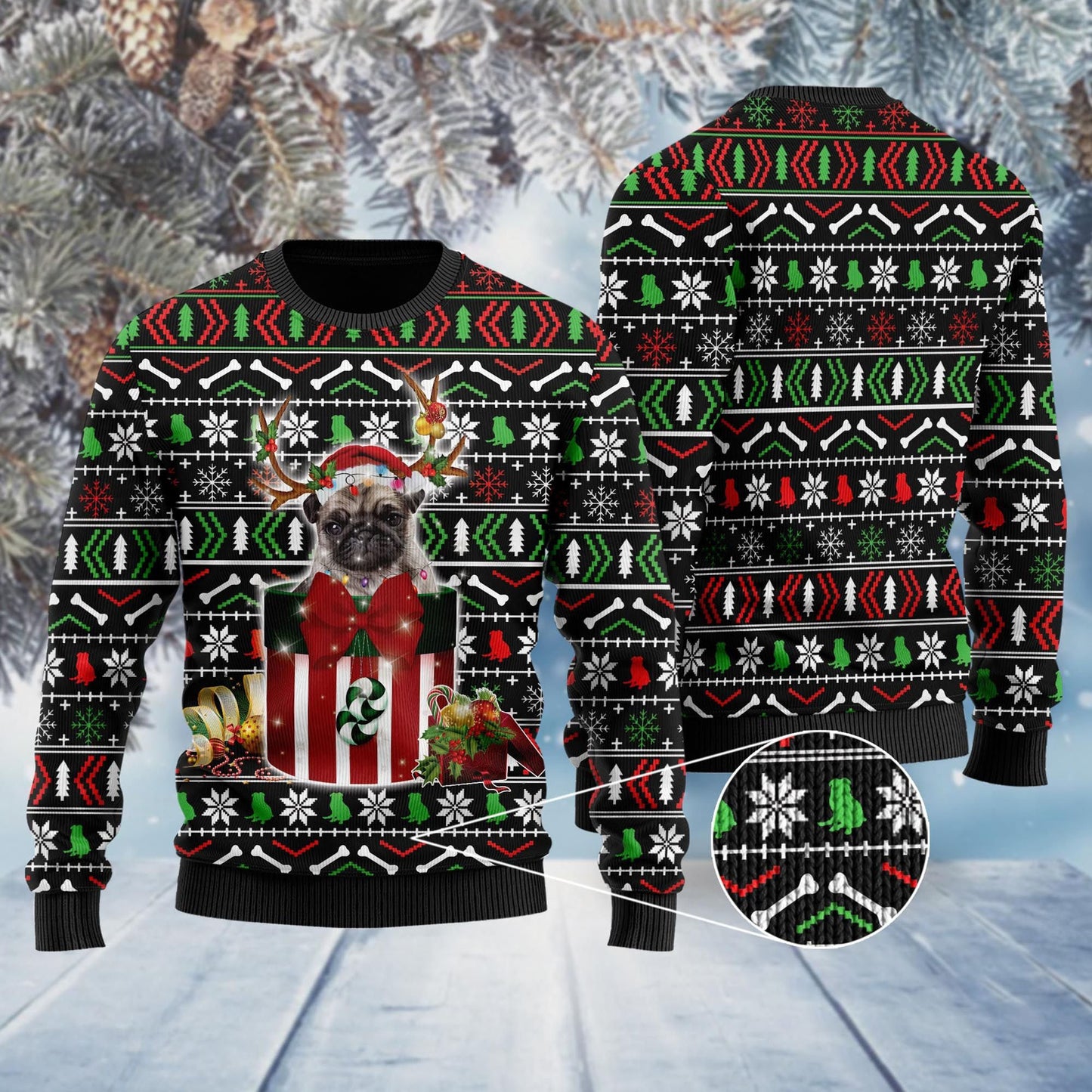 Funny Pug In The Gift Box Ugly Sweater, Christmas Ugly Sweater, Christmas Gift, Gift Christmas 2024