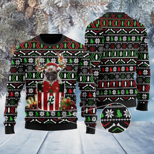 Funny Pug In The Gift Box Ugly Sweater, Christmas Ugly Sweater, Christmas Gift, Gift Christmas 2024