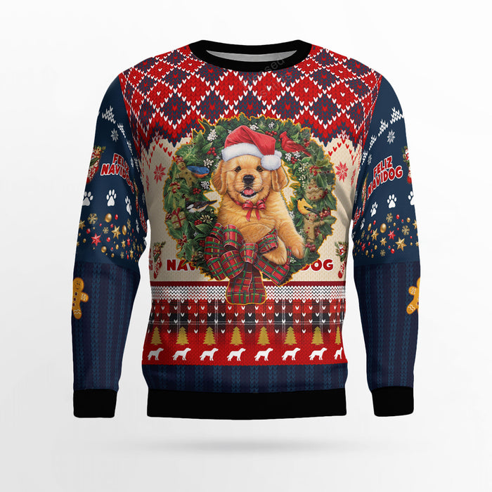 Golden Retriever with Christmas wreath Ugly Sweater, Christmas Ugly Sweater, Christmas Gift, Gift Christmas 2024