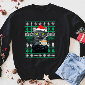 Grumpy coffee drinking cat christmas funny sweatshirt gifts christmas ugly sweater for men and women