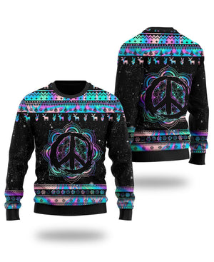 Hippie Holographic Ugly Sweater Mandala Peace Sign Sweater, Christmas Ugly Sweater, Christmas Gift, Gift Christmas 2024