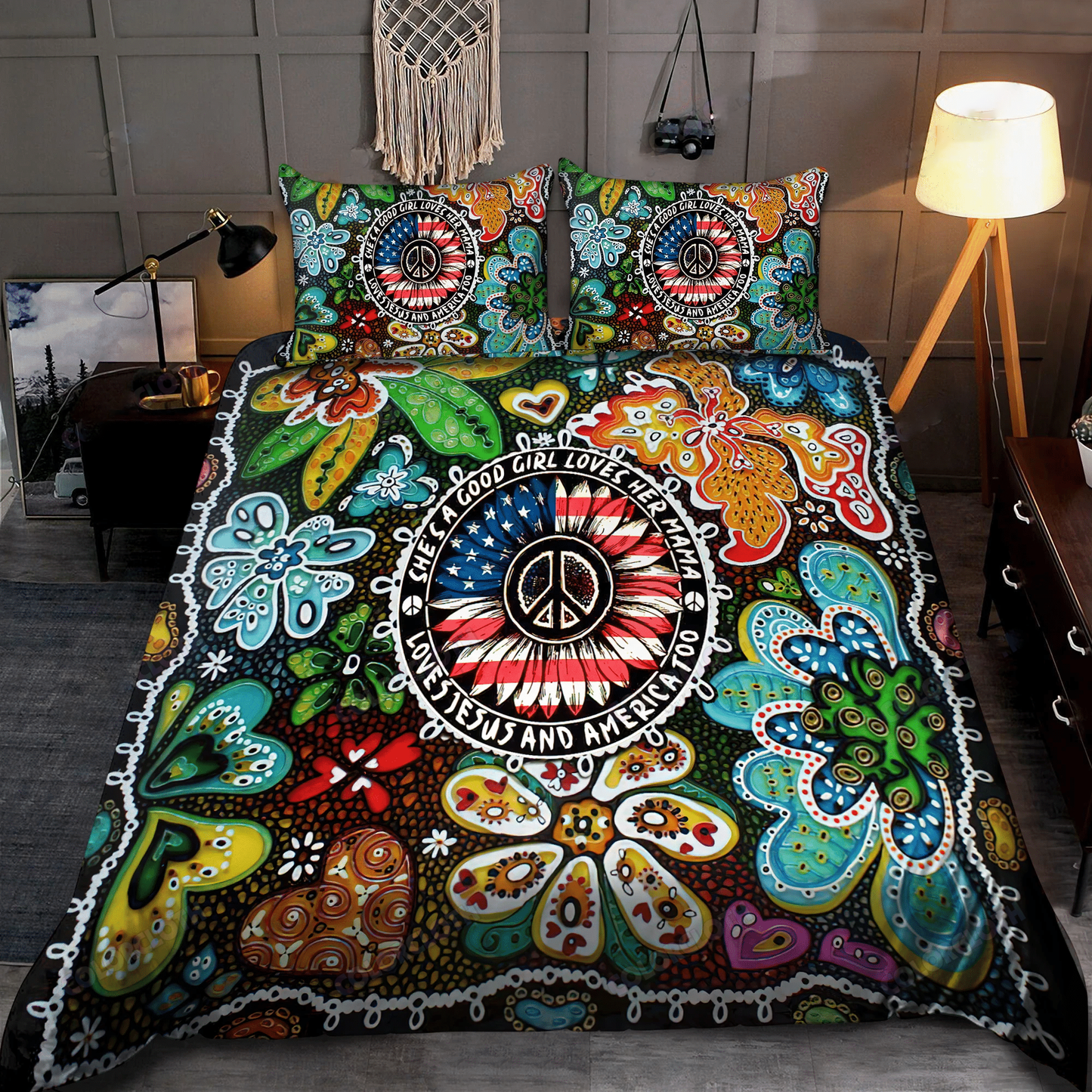 Hippie Peace Sign America Flag Bedding Set Bedroom Set Bedlinen 3D,Bedding Christmas Gift,Bedding Set Christmas