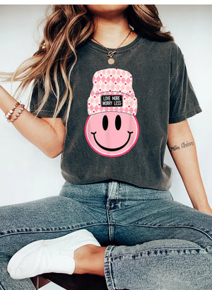 Love More Worry Less Beanie Happy Face Valentine's Day T-Shirt