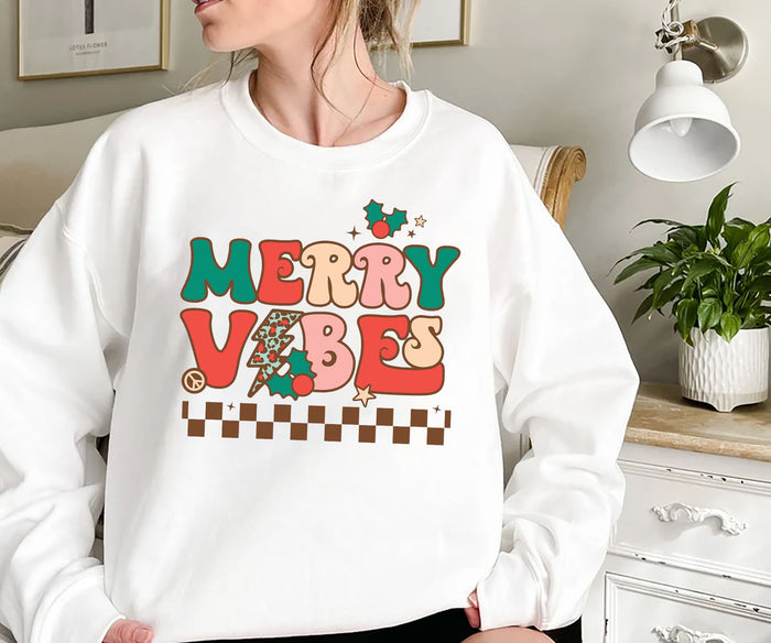Merry Vibes Women's Christmas Sweatshirt, Cute Retro Christmas Sweatshirt, Xmas Sweater, Christmas Crewneck, Christmas Shirt, Holiday Gift