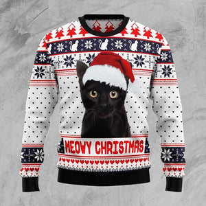 Meowy Black Cat Christmas White Sweater, Christmas Ugly Sweater, Christmas Gift, Gift Christmas 2024