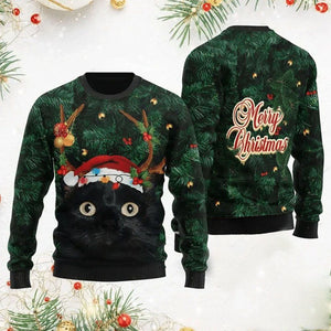 Merry Christmas Black Cat in pine tree Christmas Sweater, Christmas Ugly Sweater, Christmas Gift, Gift Christmas 2024