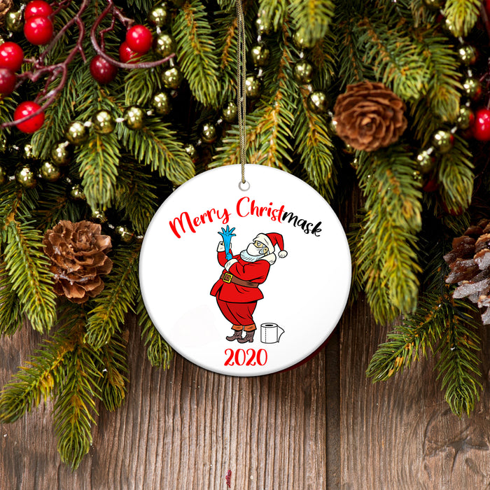 Merry Christmask funny Santa wears mask - Funny unique Christmas ceramic ornament Merry Christmas family gift idea