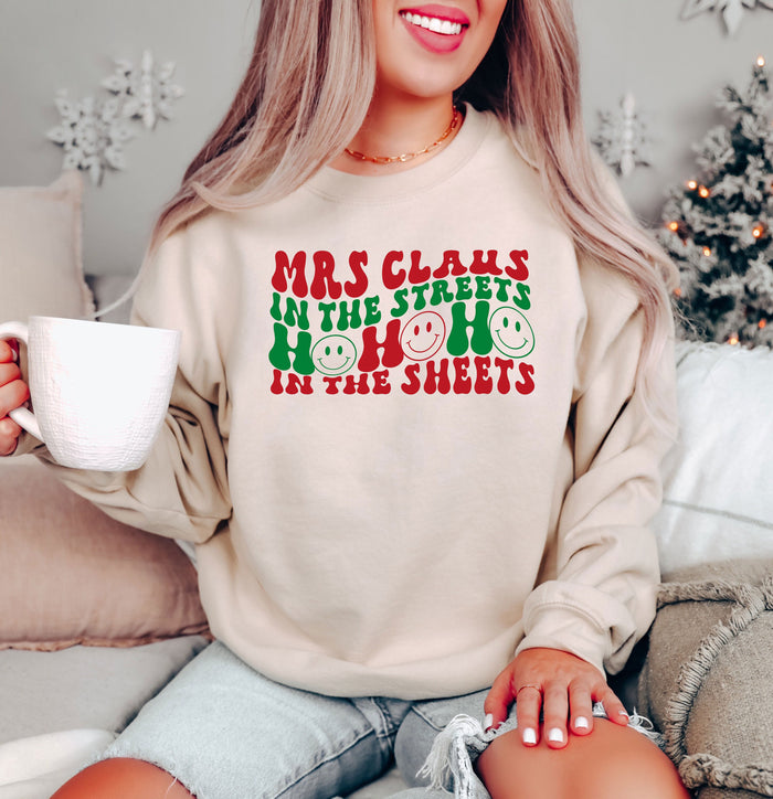 Mrs Claus In The Streets Ho Ho Ho In The Sheets Funny Christmas Sweatshirt, Santa Humor Christmas Party Crewneck, Boho Style Christmas Gift