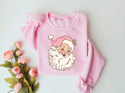 Pink Retro Santa Shirt, Christmas Sweatshirt, Women Christmas Santa Shirts, Cute Vintage Santa Shirt, Classic Christmas Shirt, Christmas