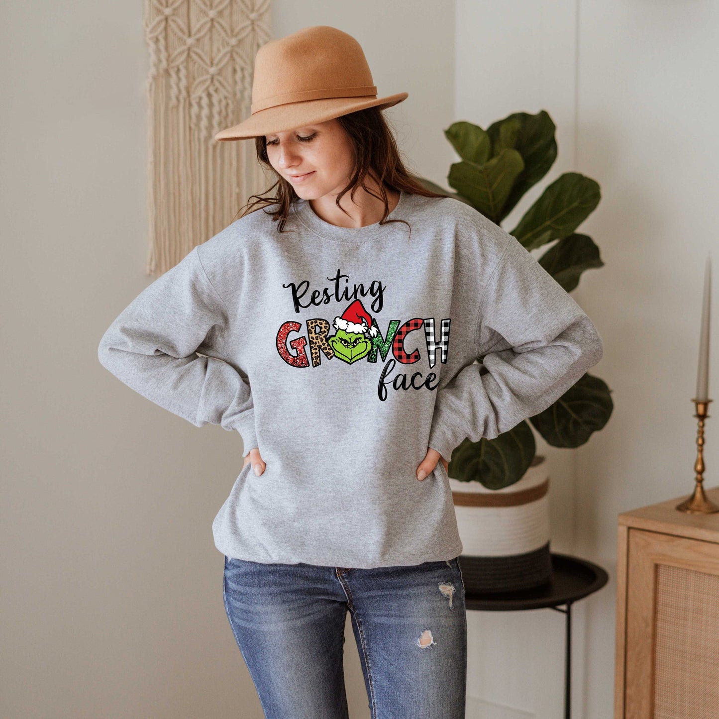 Resting Grinch Face Sweatshirt, Funny Grinch Sweatshirt, Christmas Sweatshirt, Gift For Christmas, Leopard Print Sweatshirt, Xmas Sweatshirt
