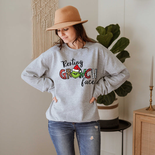 Resting Grinch Face Sweatshirt, Funny Grinch Sweatshirt, Christmas Sweatshirt, Gift For Christmas, Leopard Print Sweatshirt, Xmas Sweatshirt