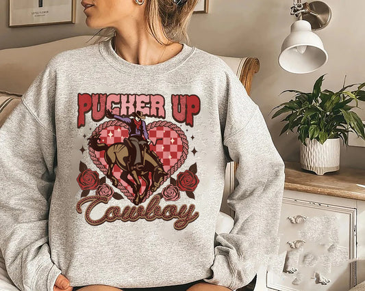 Retro Pucker Up Cowboy Western Valentine Heart Howdy Sweatshirt